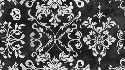 Fototapeta premium Seamless Metal Persian Ceramic Pattern Tiles Black Decor with Distressed Floral Prints in Gray Ethnic Style