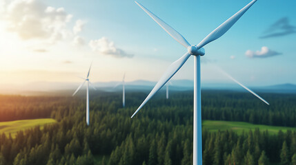 A scenic view of wind turbines in a lush green forest, showcasing renewable energy and sustainable technology against a clear blue sky.