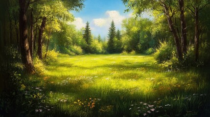 Obraz premium Oil painting depicting a meadow and deciduous forest in a natural setting emphasizing a vibrant green ecosystem