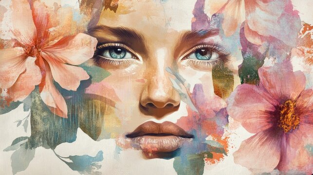Introspection theme presented in a modern collage style featuring watercolor elements Horizontal banner design incorporating facial and floral motifs illustrating spiritual and psychological sensa