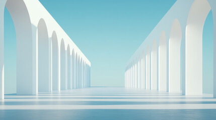 A serene and minimalistic perspective of white arches under a clear blue sky, creating a sense of calm and open space.
