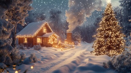 Photorealistic, ultra detailed Christmas scene of a snowy trail leading to a cozy cabin decorated with lights