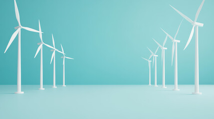 A serene landscape featuring multiple white wind turbines against a minimalist turquoise background, embodying clean energy and sustainability.