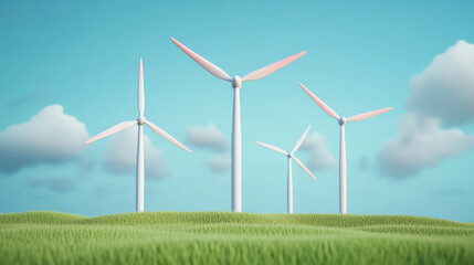 Fototapeta premium A serene landscape featuring several wind turbines against a clear blue sky, symbolizing renewable energy and environmental sustainability.