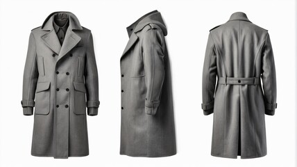 Set of gray front and back view Overcoats on white background cutout.
