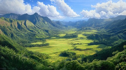 Fototapeta premium Panoramic painting of a mountain view in a national park showcasing the stunning landscape of rolling hills and lush greenery