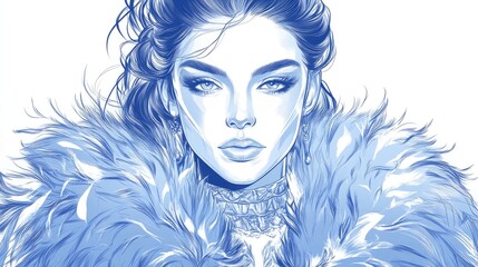 Fototapeta premium Line art illustration of a regal woman adorned with blue fur accessories