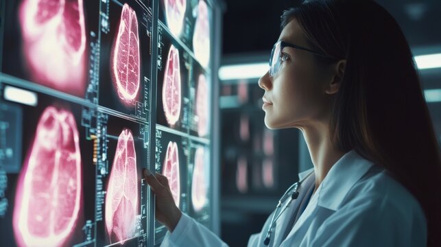 A radiologist reviewing AI generated overlays on a series of mammograms