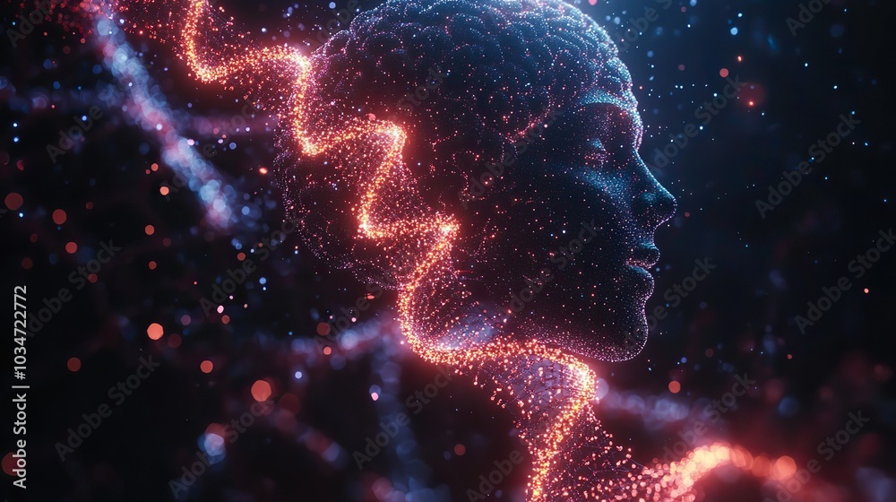 Poster digital brain and dn strands representing the connection between genetics and cognitive function