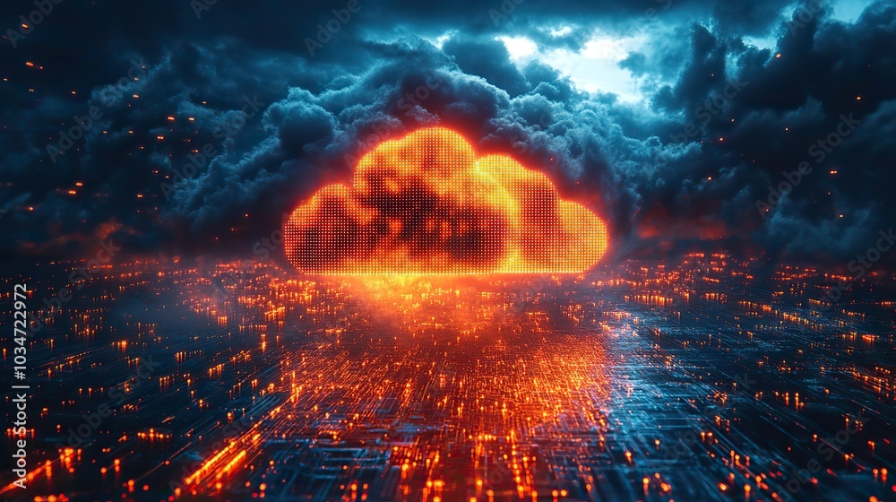 Poster digital cloud and dat streams representing ai weather forecasting technology.stock image