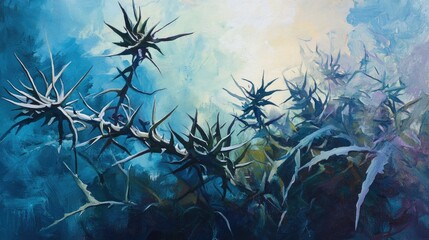 Obraz premium Abstract oil painting of thorny leaves featuring an exotic plant set against a blue toned nature backdrop