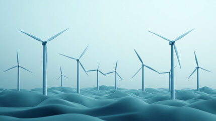 A serene view of wind turbines rising above undulating waves, symbolizing renewable energy and sustainability in a tranquil setting.