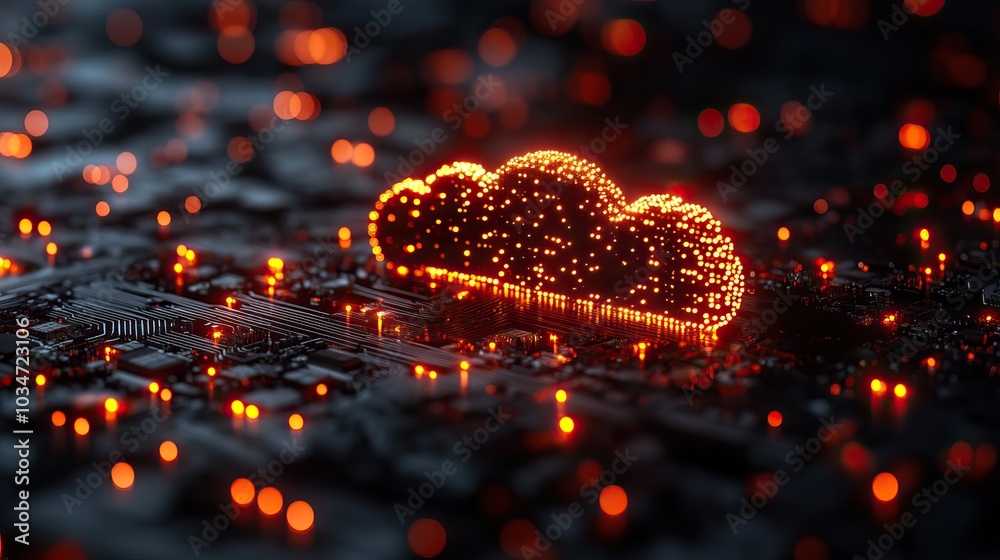 Poster digital cloud representing api dat flow over network with glowing circuits.illustration