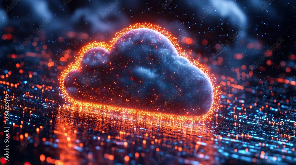 Poster digital cloud with dat flow representing api cloud migration infrastructure transfer.illustration