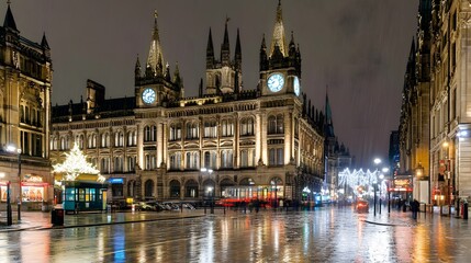 Fototapeta premium Illuminated Gothic Architecture on Rainy Night Street