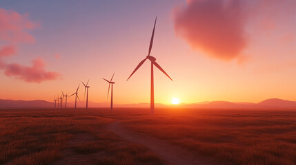 Obraz premium A stunning sunset over a field of wind turbines, showcasing renewable energy. Vibrant colors illuminate the sky as nature meets technology.