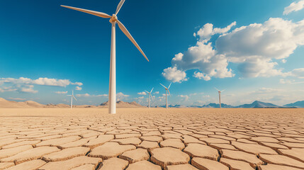 A vast barren landscape showcasing wind turbines against a clear blue sky, highlighting the intersection of renewable energy and environmental challenges. - Powered by Adobe