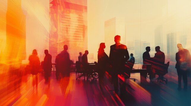 Shadowy double exposure of business people in a collaborative workspace, light beams intersecting