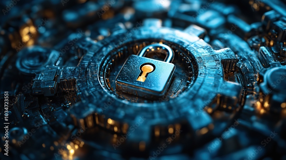 Poster digital gears with padlock symbol representing website safety optimization and cybersecurity.stock i