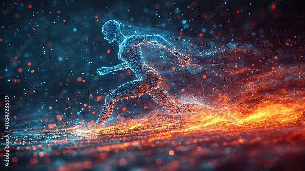 Poster digital human figure running symbolizing biohacking technology integration and human optimization.im
