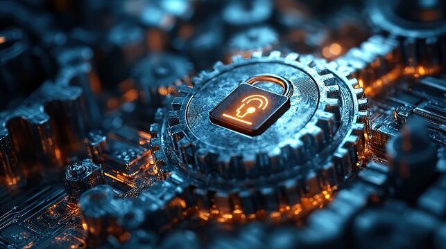 digital gears with padlock symbol representing website safety optimization and cybersecurity.illustration