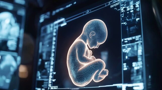 AI-assisted ultrasound scan of a pregnant woman, showing detailed fetal development