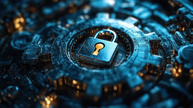 digital gears with padlock symbol representing website safety optimization and cybersecurity.stock image