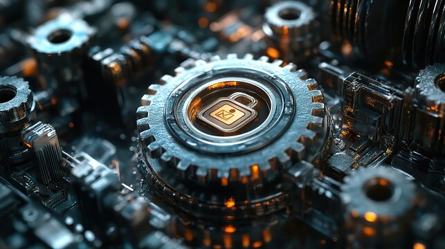 digital gears with padlock symbol representing website safety optimization and cybersecurity