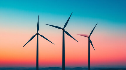Fototapeta premium Beautiful sunset with three wind turbines silhouetted against a colorful sky, symbolizing renewable energy and sustainable future.
