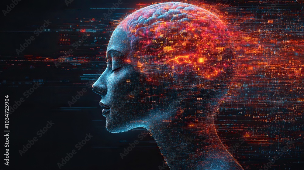 Poster digital human head with brain dat charts and ai elements symbolizing ai in healthcare for faster acc