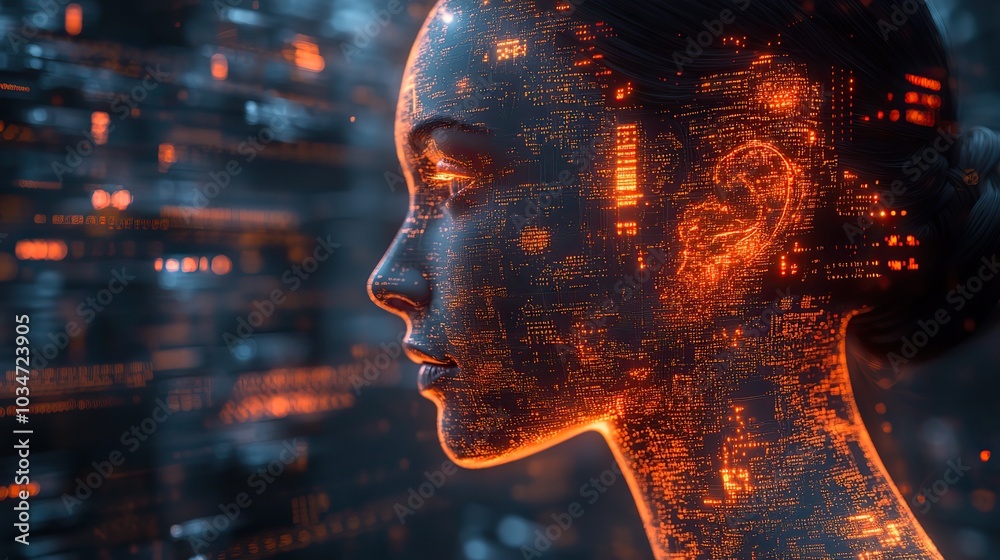 Poster digital human head with brain dat charts and ai elements symbolizing ai in healthcare for faster acc
