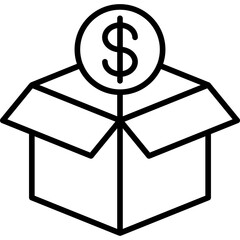 Black line vector icon of an open box with a dollar symbol on top, representing concepts of financial packages, pricing, value, or economic transactions.