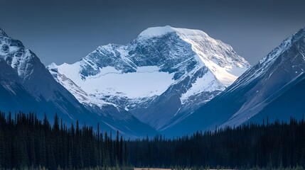 Fototapeta premium Majestic Mountain Peak with Snow Covered Summit and Evergreen Forest