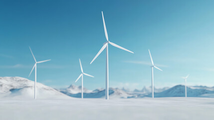 Row of white wind turbines on a snowy landscape under a clear blue sky, symbolizing renewable energy and environmental sustainability.