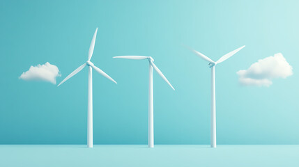 Three modern wind turbines against a calm blue background, symbolizing renewable energy and sustainability in a clean environment.