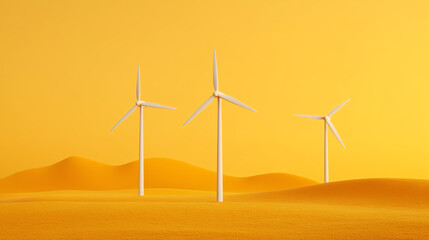 Three white wind turbines stand tall in a vast desert, silhouetted against a bright yellow background, symbolizing renewable energy and sustainability.