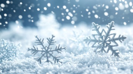 Snowflake Christmas background with intricate snowflakes falling gently over a soft winter landscape, filled with holiday charm.