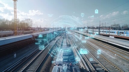 Fototapeta premium Smart railway construction incorporating AI-driven machinery and sensors for optimized project management.