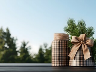 Plaid Patterned Christmas Bell with Rustic Bow and Pine Branches
