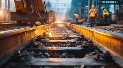 Steel railway construction, with large metal rails being welded and positioned by heavy machinery and construction teams.