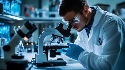 A scientist in a lab coat examining a sample through a microscope
