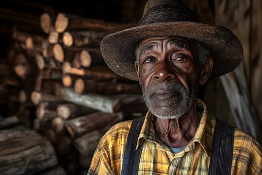 Portrait of Senior Black Man Wearing a Hat and Plaid Shirt in a Barn
