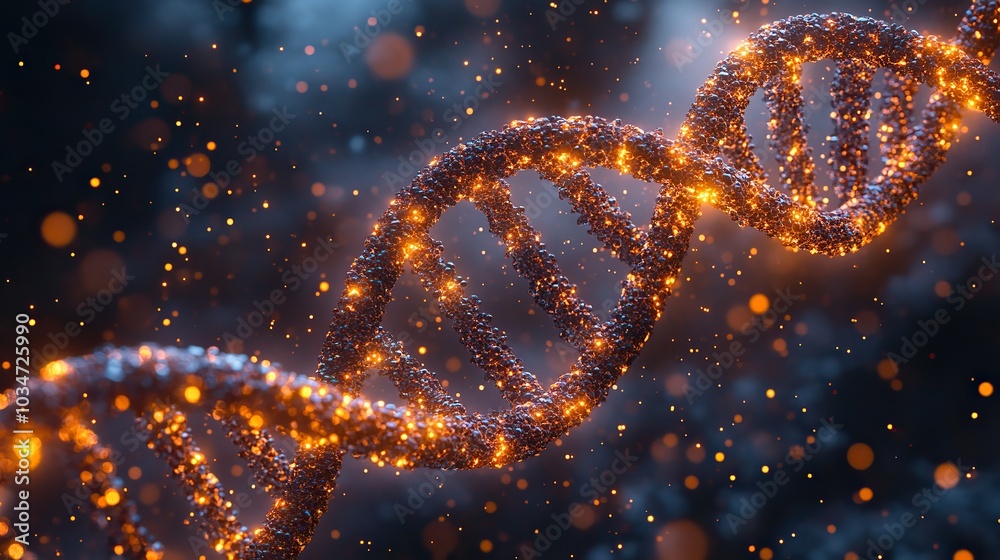 Poster dn double helix structure with glowing particles representing dat and genetic information in bioinfo