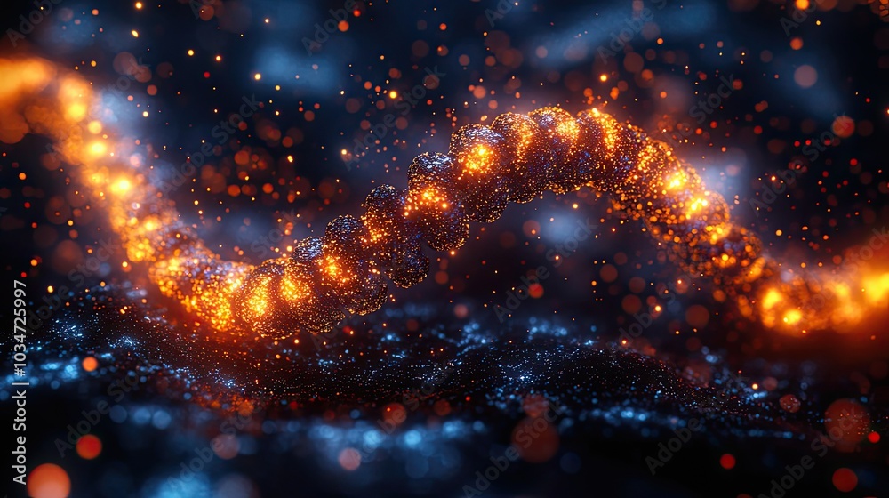 Poster dn double helix structure with glowing particles representing dat and genetic information in bioinfo