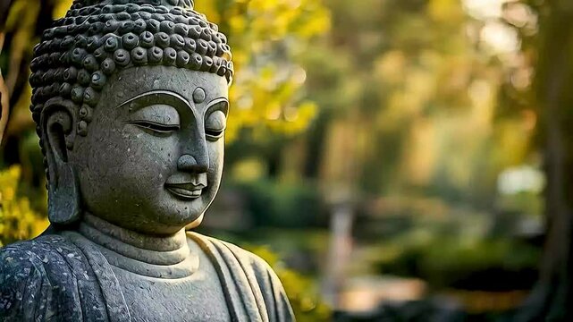 a Buddha statue  with  the sun  shining through  the trees  in the background