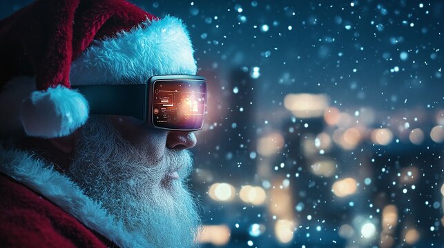 A futuristic Santa Claus wearing virtual reality goggles, immersed in a snowy cityscape, blending traditional and modern holiday vibes.