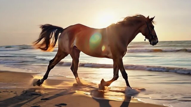 Elegant horse trotting along sandy beach, Video