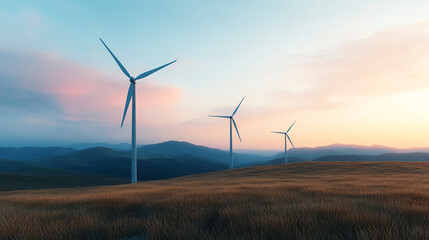 Fototapeta premium Wind turbines gracefully stand on rolling hills at sunset, symbolizing renewable energy and a sustainable future amidst a serene landscape.
