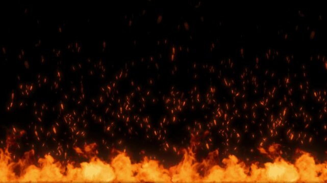 animated video of red hot fire, which burns at the bottom and shoots sparks upwards like in hell on a black screen background