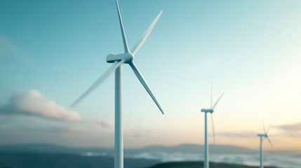 Obraz premium Wind turbines in a serene landscape, showcasing renewable energy and environmental sustainability against a clear blue sky.